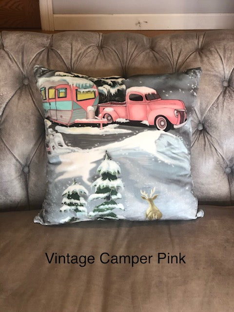 Velvet Pillow - Vintage Pink Truck & Camper